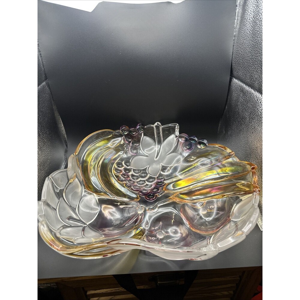 Studio Nova Glass 14” Fruit Bowl Large Raised Purple yellow red Clear Etched